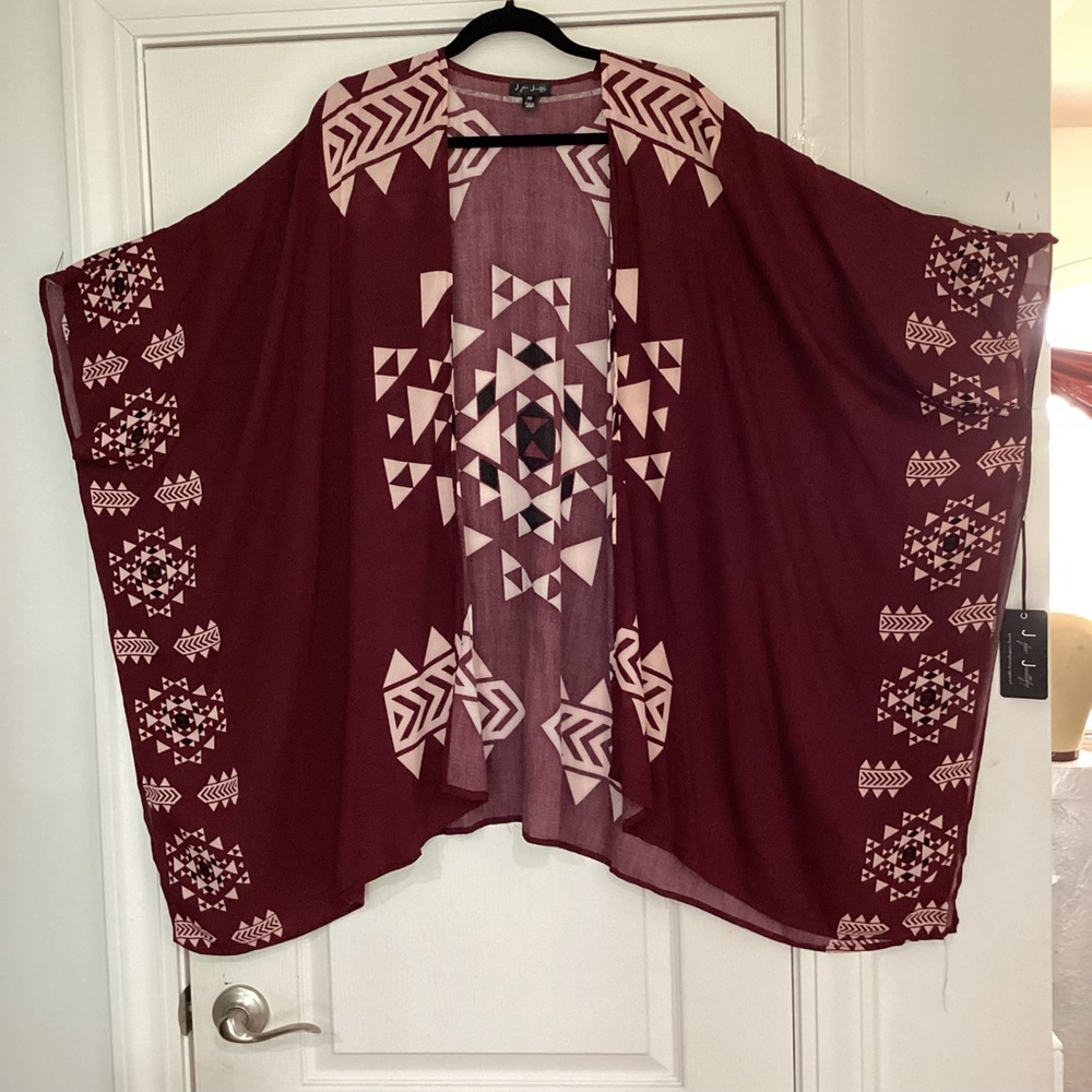 Geometric Patterned Burgundy Poncho